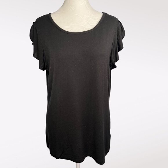 Tahari Black Short Flutter Sleeve T-Shirt Top Large - Picture 1 of 9
